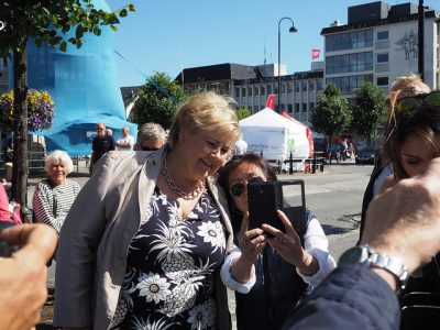 The annual event in Arendal known as Arendalsuka is best known for allowing public access to top politicians, business leaders and the heads of a wide variety of organizations. Here, Prime Minister Erna Solberg posed for a selfie as she strolled around Arendal last year. PHOTO: Arendalsuka